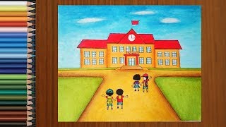 School Drawing  How To Draw a School Scene Step by Step for Kids [upl. by Rednasxela]