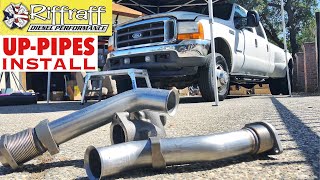 2001 F350 73  RiffRaff UpPipes Install  Stock up pipes leaking and falling apart JUNK SP [upl. by Tavy]